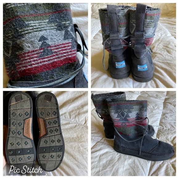 TOMS Boot W9 Gray Suede Nepal Tribal Tree Woven Textile Upper Faux Fur Lined EUC - Picture 1 of 10